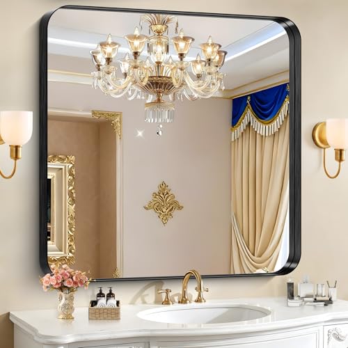 CIRCUMI Black Bathroom Mirror, 42"x42" Rectangular Mirror for Vanity | Deep Metal Frame, Rounded Corner, Shatter proof, Tempered Glass, Installed Vertically/Horizontally, Mirror for Wall,Over Sink - color: Rounded Corner Black, size: 42"L x 42"W