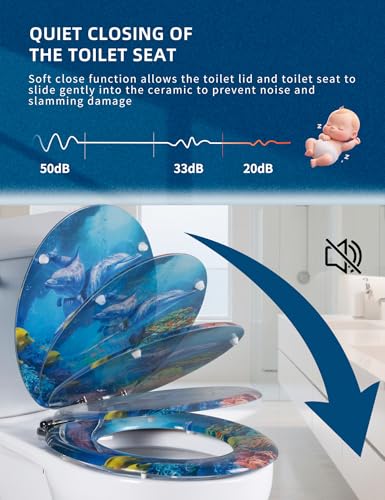 Angol Shiold ROUND Soft Close Wood Toilet Seat Blue Ocean Dolphins16.5Inch | Heavy Duty Quiet and Slow Close Lid and Seat, Quick Release Easy Installation & Clean (Blue Ocean Dolphins) - size: Round -16.5"