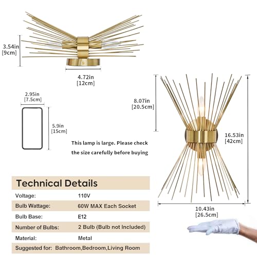 2-Light Bathroom Vanity Light, Mid-Century Modern Starburst Gold Wall Sconce, Bedside Electroplate Brass Wall Light Fixture, Wall Lamp for Powder Room Bedroom Bathroom Hallway Entryway, Set of Two
