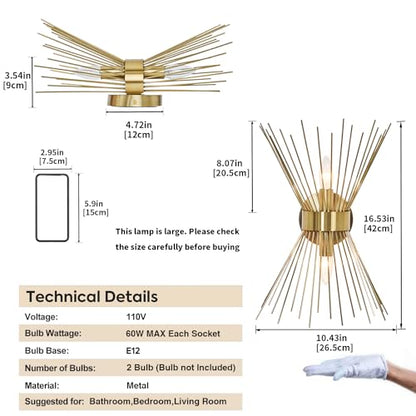 2-Light Bathroom Vanity Light, Mid-Century Modern Starburst Gold Wall Sconce, Bedside Electroplate Brass Wall Light Fixture, Wall Lamp for Powder Room Bedroom Bathroom Hallway Entryway, Set of Two