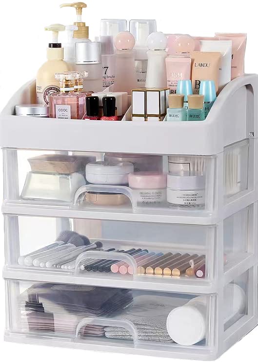 Makeup Organizer with 3 Drawers Plastic Storage for Vanity Cosmetic Display Cases Large Capacity Bathroom Countertop Plastic Storage for Skin Care Products(Arc Type)