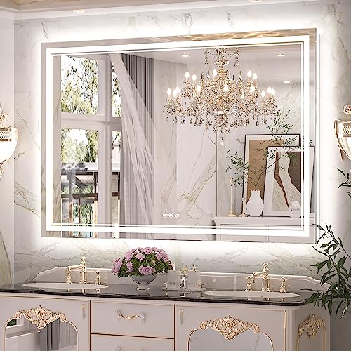 Keonjinn LED Bathroom Mirror 60" x 40" with Frontlit and Backlight, Tempered Glass Stepless 3 Colors Temperature & Dimmable Vanity Mirror, UL Listed LED Driver, Double Lights Anti-Fog Wall Mirror | HD Tempered Glass, Separately Frontlit/Backlit, Double Li