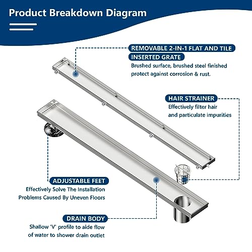 Neodrain 18In Offset Linear Shower Drain w/Tile Insert Grate Cover, Brushed | 304 Stainless Steel Rectangle Side Outlet Shower Floor Drain, Adjustable Leveling Foot, Hair Strainer/Catcher - color: Brushed-tile Insert Cover, size: 18 IN