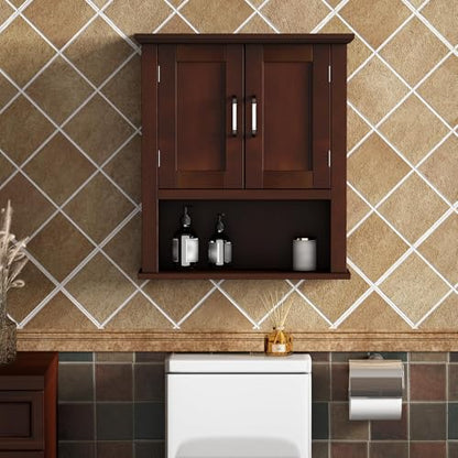 ChooChoo Wood Bathroom Wall Cabinet with Door, Dark Cherry Medicine Cabinet | Rustic Over The Toilet Storage Cabinet, Adjustable Shelf, Open & Concealed Storage, 7.5 x 21.6 x 24 Inches - color: Dark Cherry