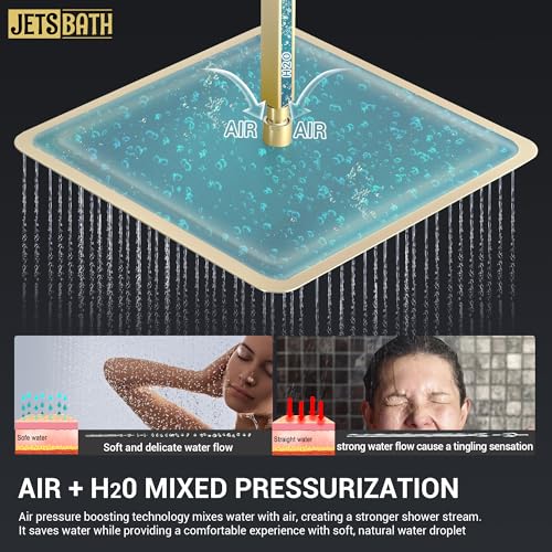 16" Thermostatic Dual Rainfall Head Shower System with Handheld & Valve, 16” Ceiling Shower Faucet Set with 6-Inch Shower Head, JetsBath Brushed Gold Full Body Shower System for Couples/ 2-Person - color: Brushed Gold