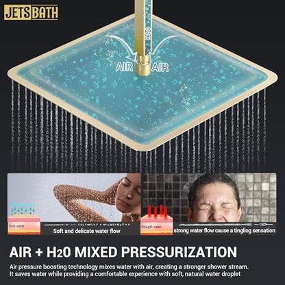 16" Thermostatic Dual Rainfall Head Shower System with Handheld & Valve, 16” Ceiling Shower Faucet Set with 6-Inch Shower Head, JetsBath Brushed Gold Full Body Shower System for Couples/ 2-Person - color: Brushed Gold