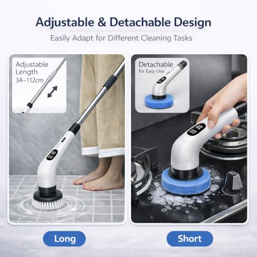 Premium Electric Bathroom Cleaning Brush, Waterproof Cordless Bathroom & Kitchen Cleaning Brush with Adjustable Handle & 9 Replaceable Heads – Powerful Deep Clean Tile, Grout, Tub, Window & Floor