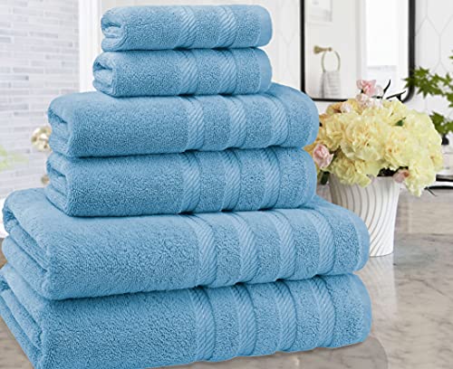 American Soft Linen 100% Carde Cotton 6 Piece Towel Set, 590 GSM Heavy Weight Soft Absorbent Turkish Towels for Bathroom, Light Blue - color: Baby Blue