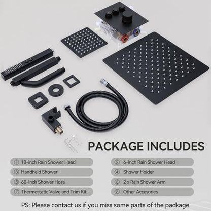 Thermostatic Shower System Matte Black Push Button Shower Faucet Set,12" Ceiling Rainfall and 6" Wall Mount Rain Shower with 2 in 1 Handhled, Can Use All at Once, Shower Set with Valve and Trim Kit - color: Matte Black, size: 6+12 inch-11