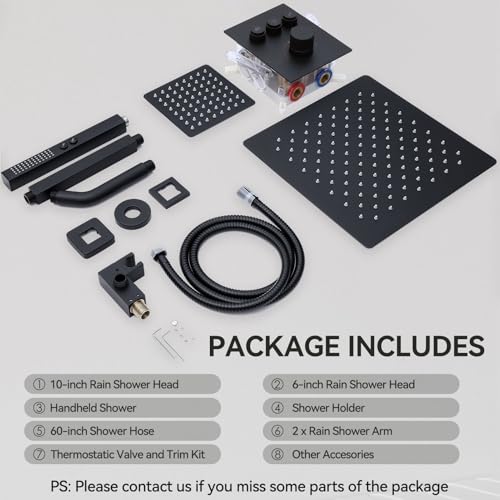 Thermostatic Shower System Matte Black Push Button Shower Faucet Set,12" Ceiling Rainfall and 6" Wall Mount Rain Shower with 2 in 1 Handhled, Can Use All at Once, Shower Set with Valve and Trim Kit - color: Matte Black, size: 6+12 inch-11