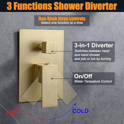 Enga Brushed Gold Rain Shower System with Body Jets, 12 inch Rain Shower Body Spray Jets System Ceiling Mounted Shower Faucet Set with 3-Function Brass Shower Valve - color: Brushed Gold, style: Ceiling Mount - 6 Jets