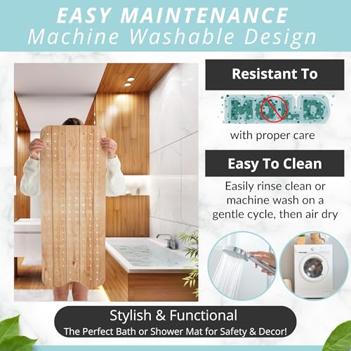 ENKOSI Non-Slip Bath & Shower Mat 40x16 Extra Long, Suction & Drain Holes | Wood-look spa finish; Durable PVC; 40x16 in, Wood Teak - color: Wood Teak