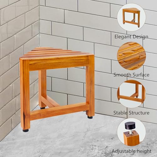 VaeFae Teak Wood Corner Shower Stool for Shaving Foot Rest, Small | Sturdy Design, Triangle Space-Saving Frame, Non-Slip Feet, Easy To Clean