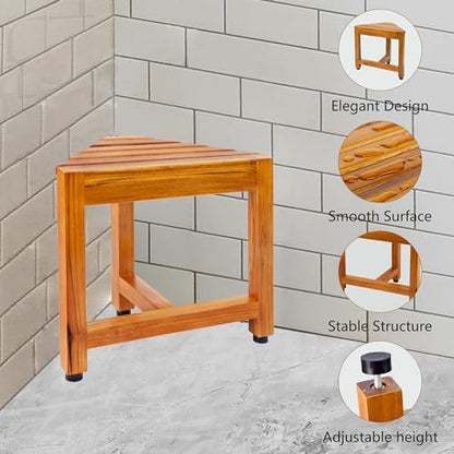 VaeFae Teak Wood Corner Shower Stool for Shaving Foot Rest, Small | Sturdy Design, Triangle Space-Saving Frame, Non-Slip Feet, Easy To Clean