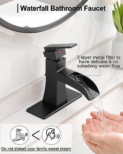Waterfall Faucet, Brass Black Bathroom Sink Faucet 1 Hole or 3 Holes (4 Inch) with Single Handle, Pop-Up Drain, Lead-Free cUPC Supply Hoses & Deck Plate for Vanity Lavatory RV - color: Matte Black