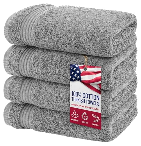 American Veteran Towel, Hand Towels for Bathroom Set of 4, 100% Cotton Turkish Hand Towel Sets, Soft Hand Face Towels, Light Grey Hand Towels - color: Light Grey, size: 16x28