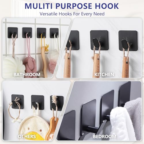 Black Adhesive Towel Hooks 2" Heavy Duty Sticky Hanger Bathroom Wall Mount | No Drilling for Hanging Towel Coat Robe Hat, Stainless Steel Hook for Shower Kitchen RV, No Tool, Waterproof Rustproof 4 Pack - color: Sq- Black