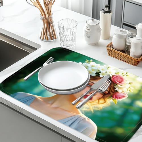 1Pc Lady Floral Dish Mat 23.6 X 17.7 Inch/60 X 45Cm Microfiber Absorbent Drying Pad Heat Resistant Coffee Bar Mats Hanging Loop Garland Butterfly Dishes Drainer Mat For Kitchen Counter, Green - style: Girly Flowers