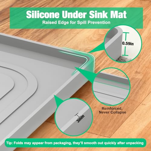 Aisslro Under Sink Mat 28" X 19", Waterproof Silicone Under Sink Mats for Kitchen, Anti-Leak Shelf Liner & Cabinet Protector with Raised Edge, [BPA Free] Bathroom Tray Home Organizer, Grey | BPA-Free Raised-Edge Cabinet Protector & Leak Tray for Bathroom