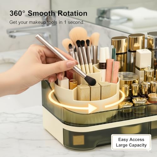 Makeup Organizer Countertop with Dual Drawers | Plastic, Vanity Bathroom Desk, 360° Rotating, Easy Clean, Cosmetic Skincare - color: green