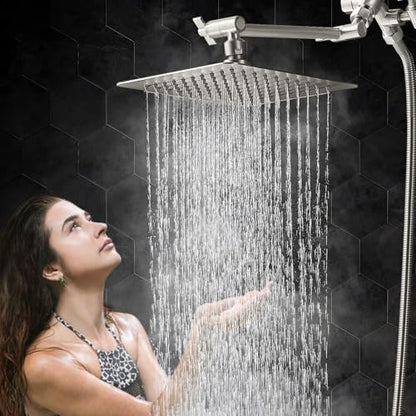 G-Promise All Metal 10" Dual Square Shower Head Combo | Rain Shower Head | Handheld Shower Wand | Adjustable | 3-Way Diverter | 71" Extra Long Hose - A Bathroom Upgrade(Brushed Nickel) | Built to Last, Easy Install, Adjustable Height & Angle for All Heigh