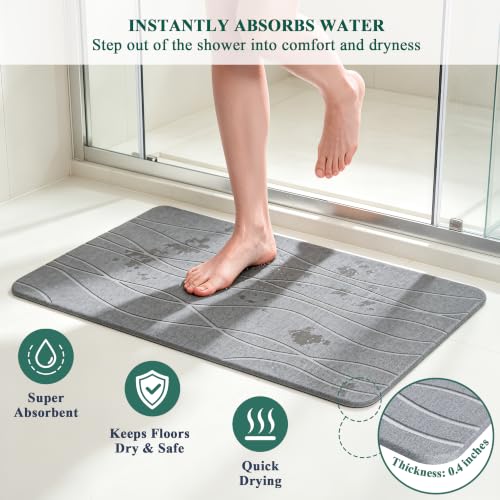 Stone Bath Mat - 23.6" x 15.4" Diatomaceous Earth Bath Mat, Non-Slip High-Absorbency Diatomite, Quick Dry Stone Mat Bathroom, Natural Bathroom Floor Mat & Shower Mat, Gray