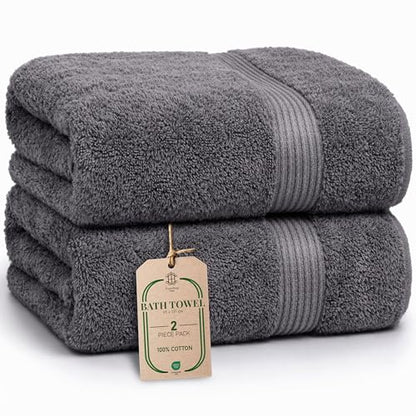 Luxe 2-Piece Bath Towel Set – Large Soft Cotton Towels, Absorbent, Durable & Skin-Friendly, Machine Washable, 27 x 54 in (Dark Grey) - color: Dark Grey