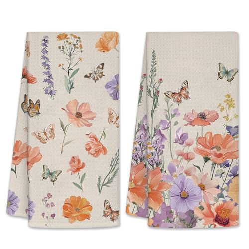 Floral Kitchen Towels, Floral Bath Towels, Flower Hand Towels for Kitchen, Flower Bathroom Decor, 2 Pack Waffle Dish Towels for Birthday Christmas Thanksgiving Day 26x17 inch - color: Flowers-butter