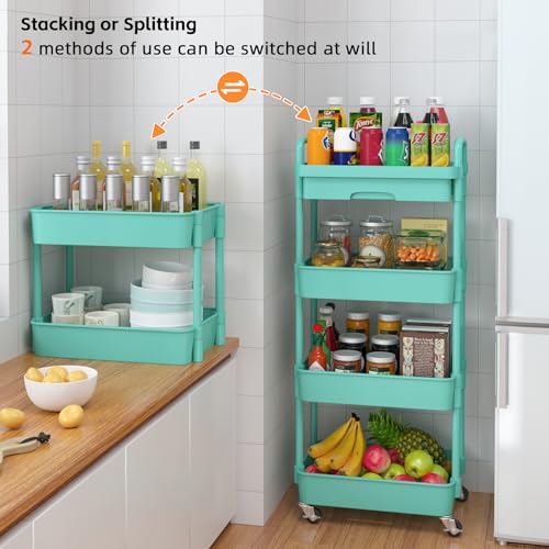 Calmootey 4-Tier Rolling Utility Cart with Drawer,Multifunctional Storage Organizer with Plastic Shelf & Metal Wheel,Storage Cart for Kitchen,Bathroom,Living Room,Office,Green | Space-Saving Organizer, Sturdy Plastic Shelves, Smooth-Rolling Metal Wheels,