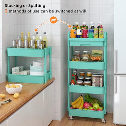 Calmootey 4-Tier Rolling Utility Cart with Drawer,Multifunctional Storage Organizer with Plastic Shelf & Metal Wheel,Storage Cart for Kitchen,Bathroom,Living Room,Office,Green | Space-Saving Organizer, Sturdy Plastic Shelves, Smooth-Rolling Metal Wheels,
