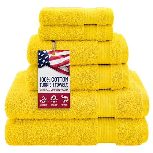 American Veteran Towel, 100% Cotton Turkish 6 Piece Towel Set, Luxury Towels Set of 6 for Bathroom Essentials, 2 Bath Towels 2 Hand Towels 2 Washcloths, Yellow - color: Yellow, size: XL 6PC