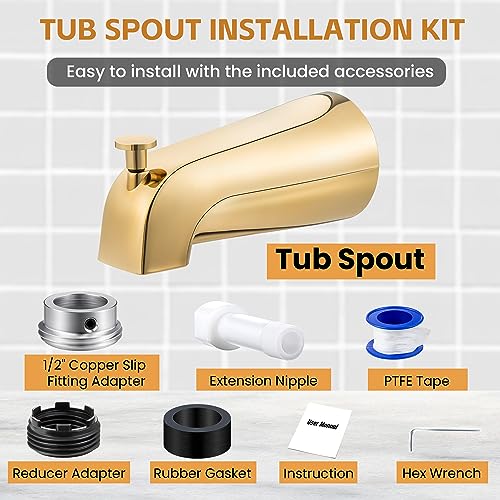 Dreyoo Tub Spout, Tub Faucet for Bathtub (Polished Brass,Simple) | Bathroom Bathtub Faucet with Adapters, Hex Wrench, Universal Faucet for Bathtub Fits 1/2" Copper Pipe, 1/2" IPS and 3/6" IPS - color: Polished Brass, style: Simple