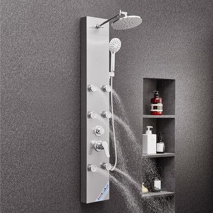 VEVOR Shower Panel Tower System with Rainfall Shower Head, 49 in Brushed Stainless Steel Shower Column, 3-Function Faucet, High Pressure Wall-Mount Rain Massage System with 6 Body Jets and Handheld