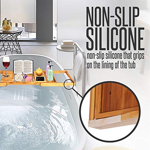 Adjustable Bamboo Bathtub Caddy Tray - Natural Wood Luxury Bath Tub Organizer w/Wine Holder, Soap Dish, Cup Slot, Book Tablet Holder, and Phone Slot for Spa, Bathroom, Shower - SereneLife