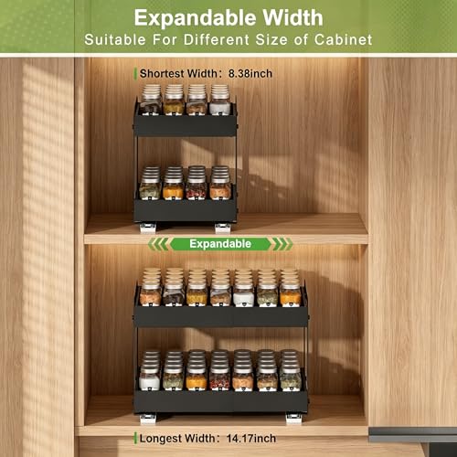 Across-Star Expandable Pull Out Drawers For Shallow Cabinets, 2-Tier Slide Out No Drill Adhesive Kitchen Cabinet Organzier, Adjustable Roll Out Sliding Shelf For Short Upper Cabinet Pantry - size: 8.4''-14.2''W*10.24''D*10.82''H