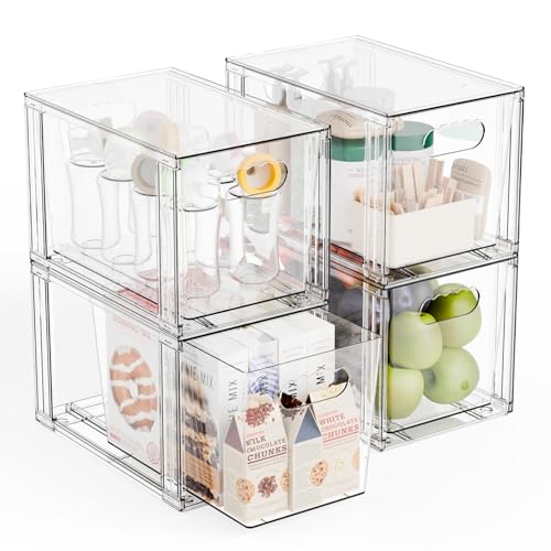 4 Pack Large Stackable Storage Drawers,11″Deep Under Cabinet Organizer,Baby Bottle Organizer,Clear Stacking Pull Out Drawer,Acrylic Storage Containers Bins for Organizing Snack,Medicine,Makeup