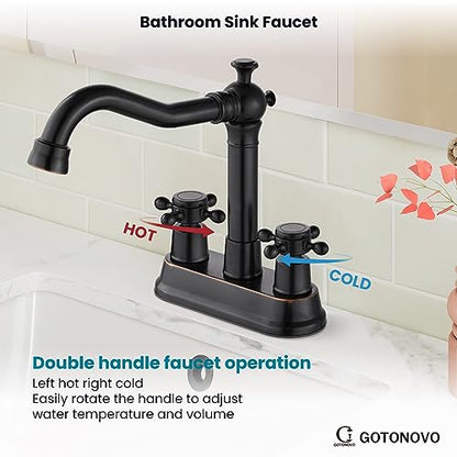 gotonovo 4 Inch Centerset Bathroom Faucet 2 Cross Handles Deck Mount 2 Hole Lavatory Vanity Utility Mixer Tap with Water Supply Hoses and Pop Up Drain RV Farmhouse, Oil Rubbed Bronze - color: Oil Rubbed Bronze
