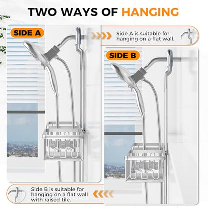 Adjustable Aluminum Shower Caddy Hanging for Handheld Showerhead, Silver | Rustproof Aluminum, Shower Organizer, Anti-Slip, Quick-Drain Shelf, 40lbs Capacity, Suction Cups, 8 Hooks, Razor Soap Holders - color: Silver