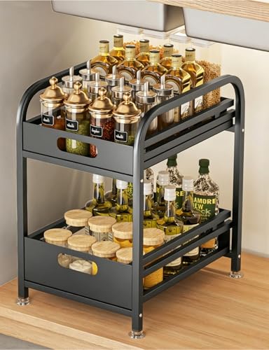 Under Sink Organizer 2 Tier Multi-Purpose Sliding Basket Drawer Organizer | Under The Sink Organizer Kitchen Pull Out Drawer Cabinet Storage for Bathroom Pantry Cabinet Closet Organization Rack - color: Black