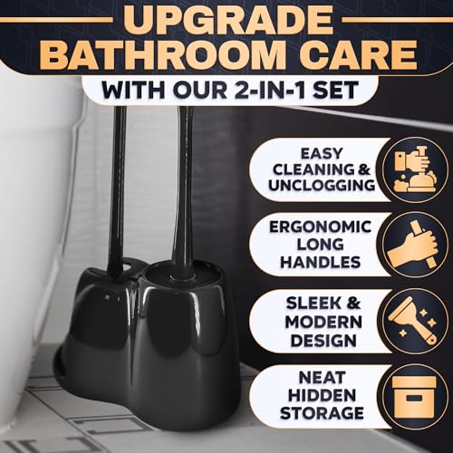 Toilet Brush and Plunger Set, Rubber, 15.2 Inch (Black) | Toilet Bowl Brush, Holder and Plunger, Easy to Place and Simple to Store After Use, Compact Accessory for Small Spaces - color: Black With Plunger