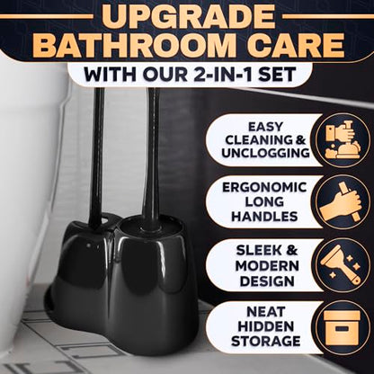 Toilet Brush and Plunger Set, Rubber, 15.2 Inch (Black) | Toilet Bowl Brush, Holder and Plunger, Easy to Place and Simple to Store After Use, Compact Accessory for Small Spaces - color: Black With Plunger