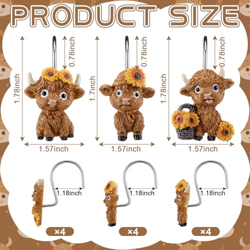 Roowest 12 Pcs Highland Cow Shower Curtain Hooks Sunflower Farmhouse | Cute Cow Ring Design, Stainless Steel Rust Resistant, Western Farmhouse Bathroom Decor, Fits Standard Curtain Rods - style: Sunflower Highland Cow