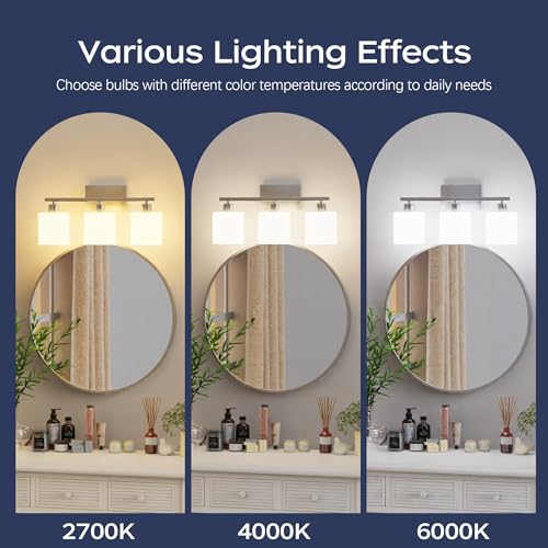 Bathroom Light Fixtures, Bathroom Lighting Fixtures Over Mirror, Classic Vanity Lights, Modern Vanity Light with Textured Frosted Opal White Glass Shades, Brushed Nickel, 3-Light - color: ‎Brushed Nickel, size: 3-Light