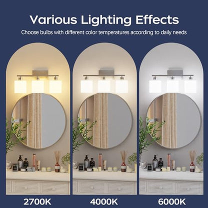 Bathroom Light Fixtures, Bathroom Lighting Fixtures Over Mirror, Classic Vanity Lights, Modern Vanity Light with Textured Frosted Opal White Glass Shades, Brushed Nickel, 3-Light - color: ‎Brushed Nickel, size: 3-Light