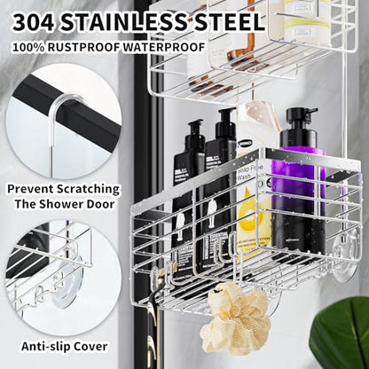 SHANSHUI Shower Hanging Caddy, Double Bathroom Showers Organizer Basket, Shampoo Bracket, Over Door Shower Rack with Hooks, 304 Stainless Steel Rustproof - size: 10.8"D x 4.7"W x 25.9"H