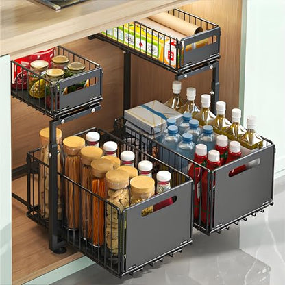 2 Tier Under Sink Organizer, Slide Out Storage Organizer for Kitchen Cabinets,Height Adjustable Pull Out Cabinet Organizers