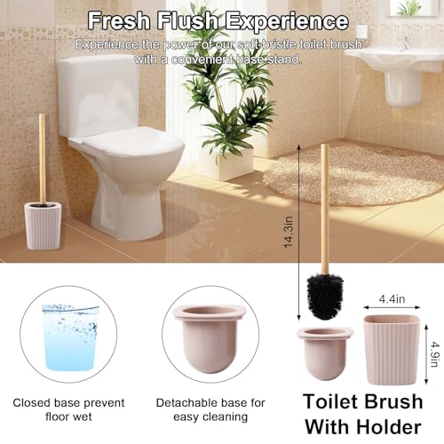 Beige Bathroom Accessories Set, 10 Pieces Bamboo Bathroom Set with Trash Can, Tray, Soap Dispenser, Soap Dish, Toothbrush Holder, Toothbrush Cup, Tissue Holder, Toilet Brush and Qtip Holders