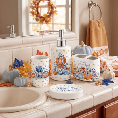 4 Pcs Fall Chinoiserie Ceramic Bathroom Accessories Blue and White Pumpkin Lotion Soap Dispenser, Toothbrush Holder, Tumbler, Soap Dish for Autumn Thanksgiving Bathroom Decorations Gifts - style: Fall Chinoiserie Pumpkin