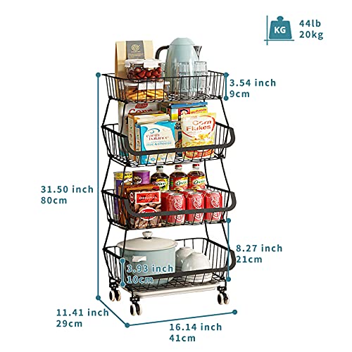 Metal Wire Baskets with Wheels, Stackable Storage Bins Kitchen Organizer Shelf 3-4-5-6 Tier Fruit Vegetable Cart Dishes Seasonal Rack Shelves for Garage, Pantry, Bathroom - size: 4 Tier without Slide Drawer