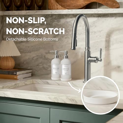 Vine Creations White Glass Soap Dispenser, 2 Pack Kitchen Soap Dispenser Set with Stainless Steel Pump, 16 oz Dish Soap and Hand Soap Dispensers for Bathroom with Waterproof Labels - color: Matte White Bottle / Silver Pump